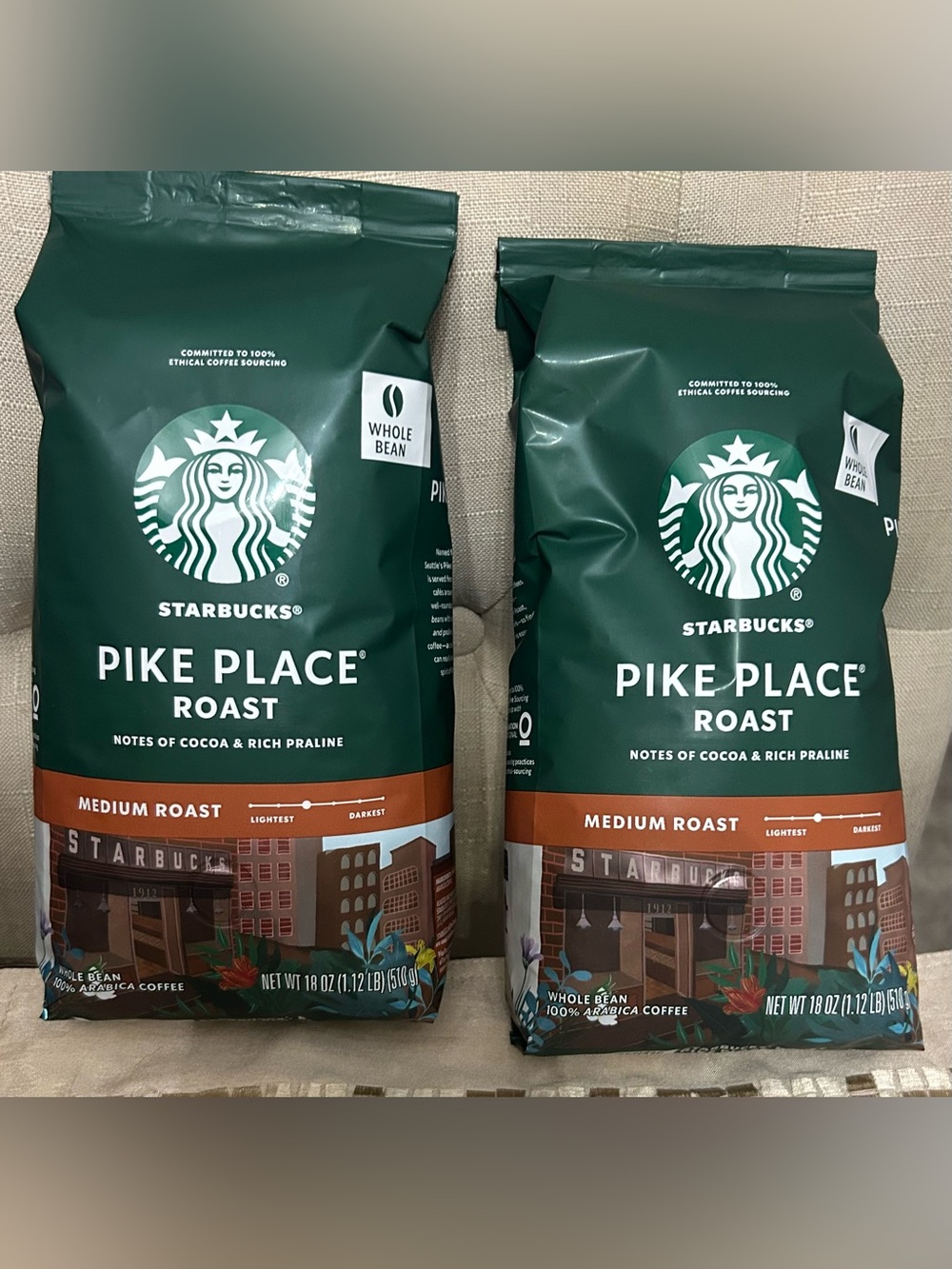 Starbucks Pike Place Roast Whole Bean Coffee - Green 2 BAGS!